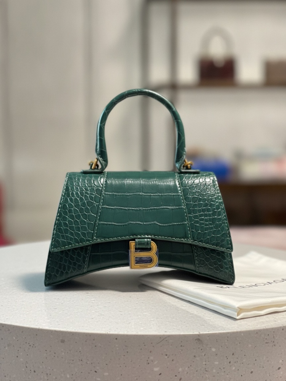 Balenciaga Green Croc-Embossed Hourglass Top-Handle Mini Bag with Gold 'B' - Picture 2 of 4